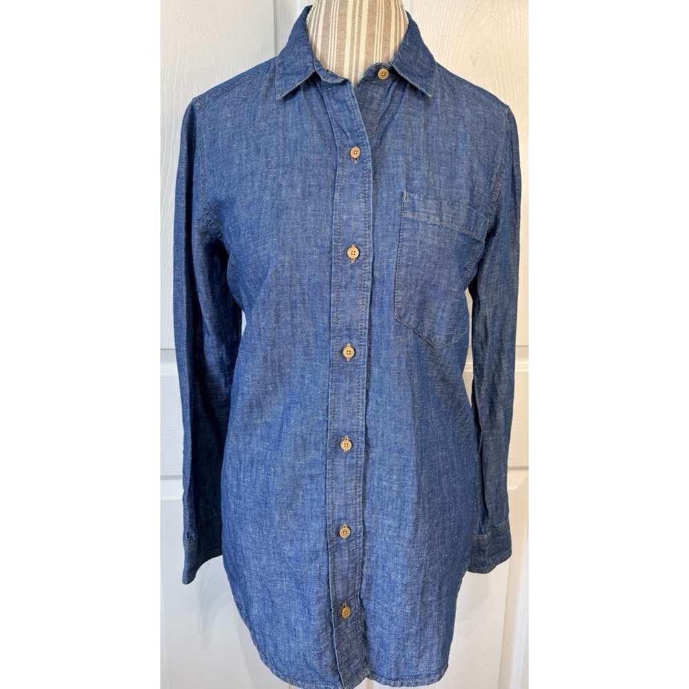 LUCKY Brand Denim Chambray Linen Blend Button Down Minimalist Tunic Shirt Small